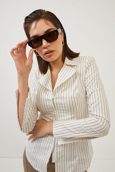Setre Brown-white Striped Shirt with Sleeve Detail