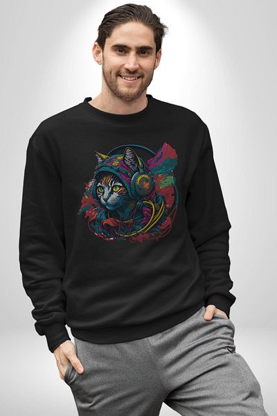 Angemiel Headphones Cat Music Tabby Women Men Black Printed Sweatshirt