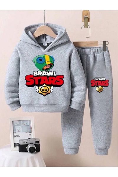 liontim Brawl Stars Unisex Παιδική αθλητική φόρμα - Γκρι κουκούλα και στάμπα