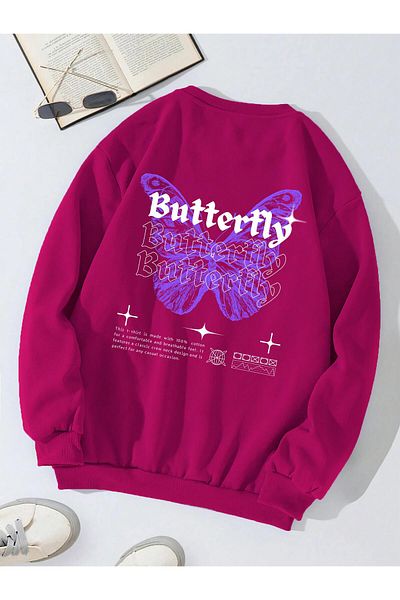SOFTWAY Φούξια Unisex Oversize Crew Neck με στάμπα πεταλούδας