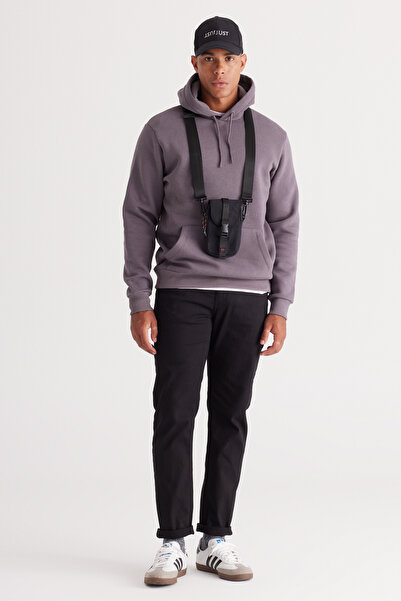 AC&Co / Altınyıldız Classics Ανδρικό σκούρο γκρι-melange βαμβακερό κοστούμι 2 τεμαχίων - με κουκούλα και τσέπες καγκουρό