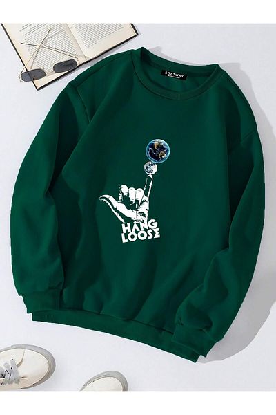 SOFTWAY Φούτερ Crew Neck Unisex Oversize - ΣΚΟΥΡΟ ΠΡΑΣΙΝΟ Έντυπο