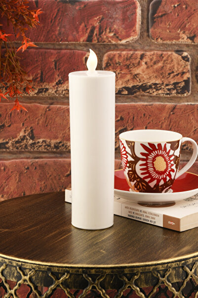 TR Turan Collection Pilli Led Silindir Mum 20 cm, Baton Mum Beyaz Renk