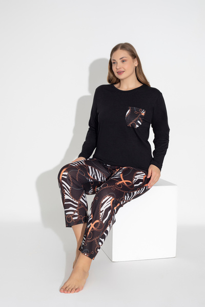 ModaLeaf Black Color Long Sleeve Chain Print Pajamas Set 116