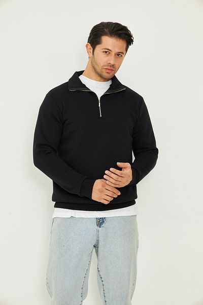 zürafa beneği Unisex Relax Fit Comfortable Cut Cotton Fleece Inside Half Zip Black Stand Collar Sweatshirt