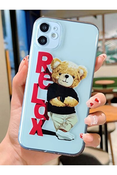 3GEN CASE İphone 11 Uyumlu Sevimli Ayı Teddy Relax Desenli Şeffaf Silikon Kılıf