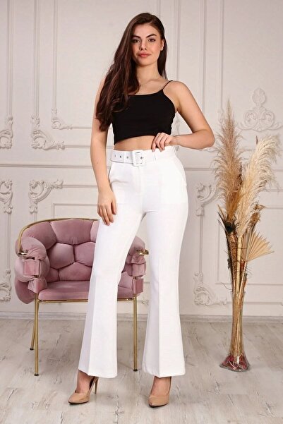 KAŞİHA Beyaz Yan Cepli Kemerli Atlas Dabıl Kumaş Ispanyol Paça Pantolon