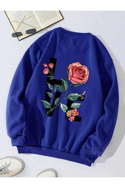 SOFTWAY Унисекс суитшърт с голям размер и кръгло деколте - с щампа Rose Love Saks в син цвят