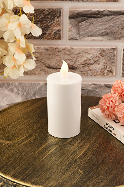 TR Turan Collection Pilli Led Silindir Mum 10 cm, Baton Mum Beyaz Renk