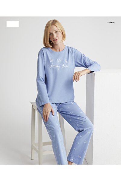 PİJAPİA Kadın Uzun Kol Pamuklu Bisiklet Yaka Pijama Takım