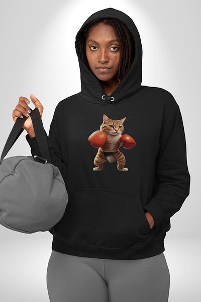 Angemiel Boxing Cat Women Men's Black Hooded Sweatshirt Hoodie