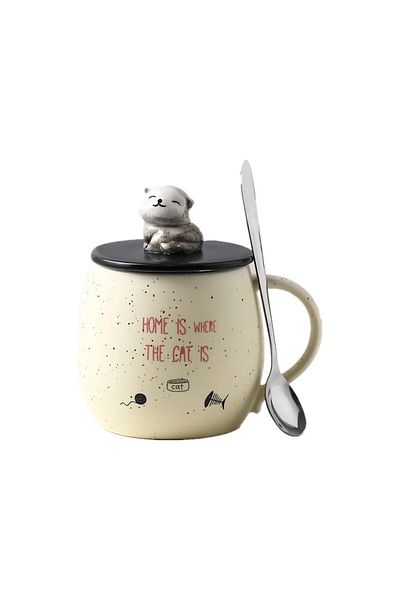 HUN Coffee Color Ceramic Cup - Cute and Cat with Lid, Small Gift, Office Milk Cup