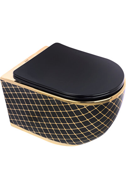 DELEN YAPI Geometrik Siyah Altın 52 cm Kanalsız Asma Klozet