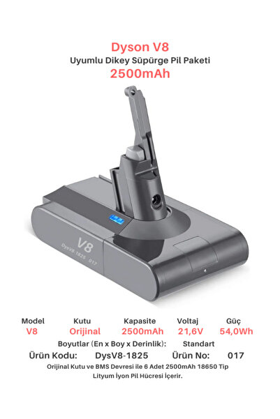 ROBOGİL Dyson V8 2500mah Uyumlu Bataryası 21.6v Pil Dikey Süpürge Pili Dysv08...