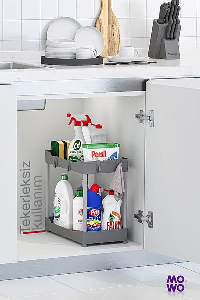 Mowo Home Shelf Gray 2-Tier Organizer with Wheels - Bathroom Cabinet, Kitchen Countertop and Sink Bottom, Detergent Holder