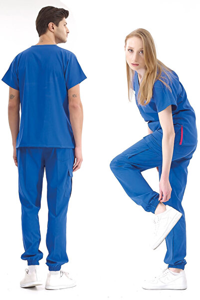 ÇİZGİ MEDİKAL Saks Mavi Jogger Lastikli Paça Likralı Doktor Hemşire Forması S...