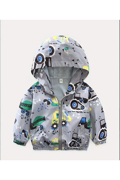 anonim Boy's Hooded Gray Business Machine Printed Raincoat-Windbreaker