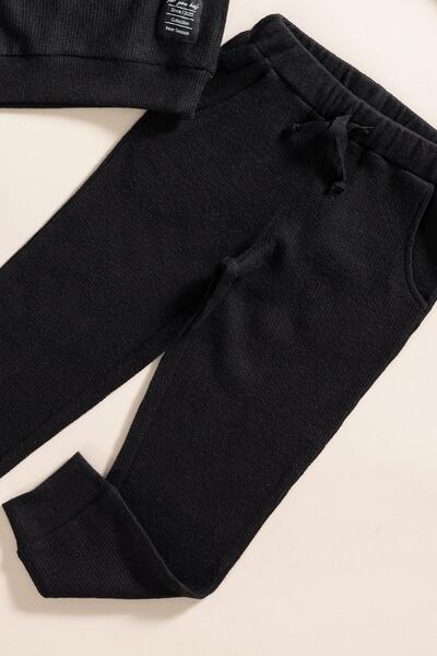 for you kids Set of 2 Hooded Black Waffle Sweat Jogger Bottom Top