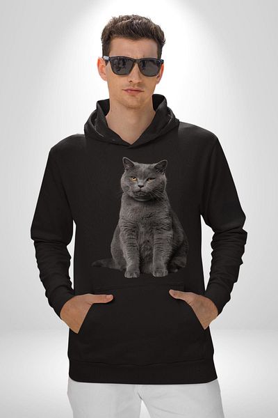Angemiel British Shorthair Cat Patterned Black Men's Women's Hooded Sweatshirt Hoodie