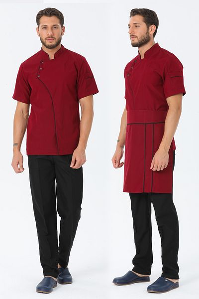 TIPTEKS Comfort Men's Burgundy Cook Jacket, Waist Apron and Cap - Black Piping and Black Cook Pants Set of Four