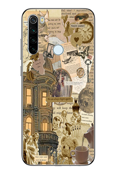 moonset Xiaomi Redmi Note 8 Uyumlu Vintage Kolaj Tasarımlı Baskılı Şeffaf Tel...