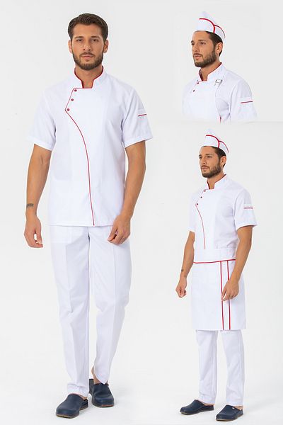 TIPTEKS Comfort Men's White Cook Jacket, Cook Pants, Waist Apron and Cap - Red Piping Cook Set of Four