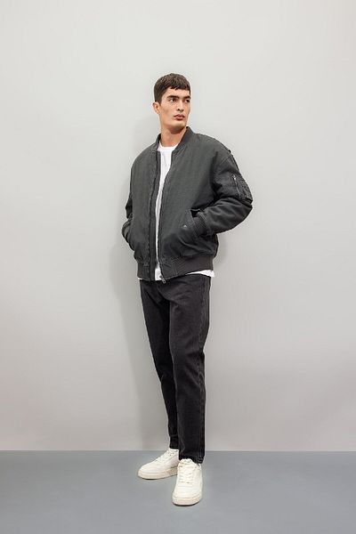 DeFacto Oversize Wide Fit Bomber Coat Jacket College τσέπες με φερμουάρ Βαμβακερό πλυμένο ξεθωριασμένο εφέ