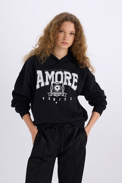 DeFacto Bedrucktes, dickes Stoff-Sweatshirt mit lockerer Passform und Kapuze E3330AXNS