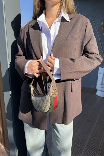 Suzi سترة نسائية كبيرة الحجم مخططة بلون القهوة الداكنة مقاس قياسي 9459