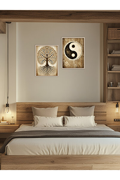 Ahşap Çerçeveli Hayat Ağacı ve Ying Yang 2'li Set Tablo
