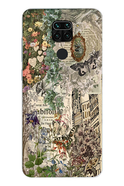 moonset Xiaomi Redmi Note 9 Uyumlu Çiçek Kolaj Tasarımlı Baskılı Şeffaf Telef...