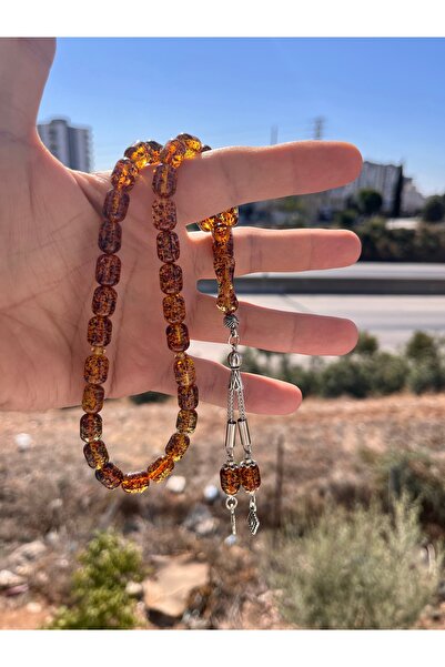 Dağ Kehribar ÖZEL ALPAKA PÜSKÜLLÜ FOSİLLİ SIKMA KEHRİBAR TESBİH