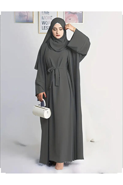 Yasee Kemerli Şık Düz Renk Kaftan Elbise Seti  Uzun Kollu Bol Kesim abaya set