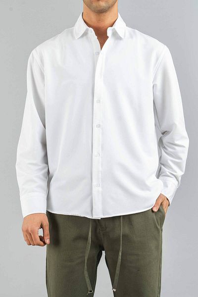 bombe Ανδρικό πουκάμισο Λευκό Slim Fit Εύκολο σιδέρωμα Απορροφητικό ιδρώτα Αναπνεύσιμη Υφή Four Seasons Oversize Classic πουκάμισο
