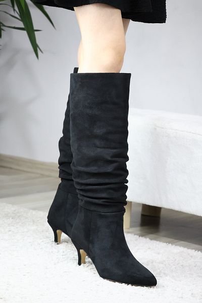 asmi shoes Дамски черни велурени ботуши с висок ток и връзки, стилни, ежедневни и удобни