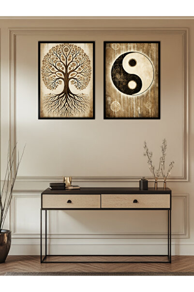 fijigo Siyah Çerçeveli Hayat Ağacı Ve Ying Yang 2'li Set Tablo