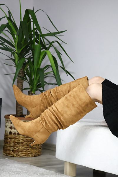asmi shoes Дамски ежедневни и удобни ботуши от велур с висок ток и връзки, кафяви