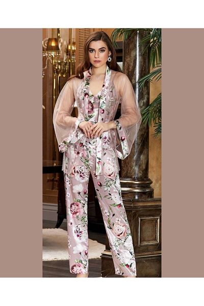 İntive Lingerie Jeremi Powder Floral Pattern Satin Silk Sleeves Transparent 3-Piece Pajamas Set-3053