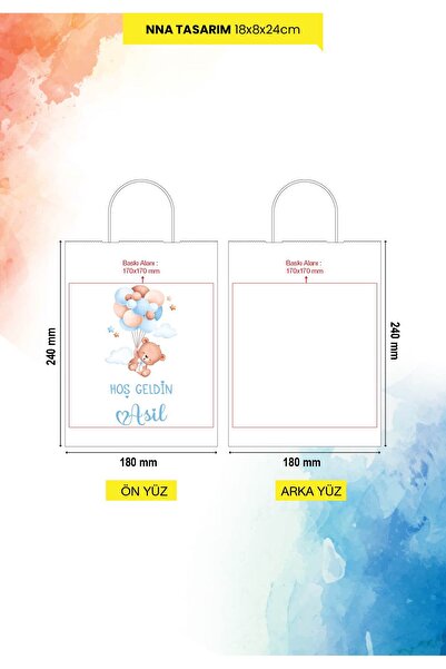 nna tasarım 50 Adet Kişiye Özel Isim Baskılı Erkek Bebek Mevlid Hediyeliği Kağıt Çanta/poşet 18x8x24 Cm(BT17-50)
