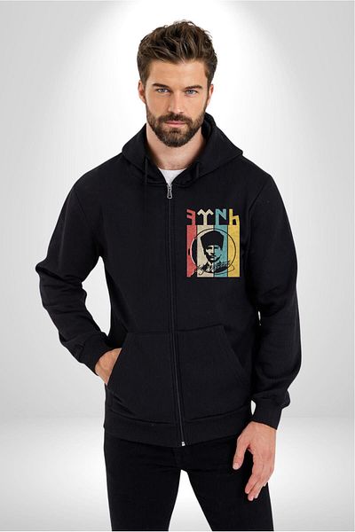 Angemiel Atatürk Signed Turkish Logo - Men's and Women's Black Hooded Zippered Cardigan Sweatshirt