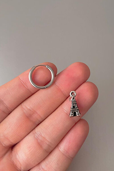 Jaida Moda Unisex Gümüş Eyfel Kulesi Figürlü Sallantılı Çelik Halka Küpe