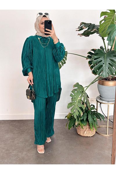 ASEL FASHİON Pleated Satin Set Green