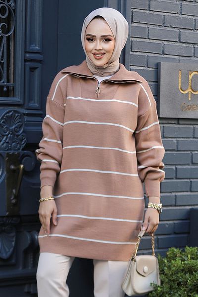 Neva Style Πλεκτό Hijab Ριγέ Τουνίκ - Μπισκότο 65901BS