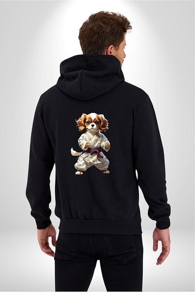 Angemiel Cavailer King Charles Spaniel Karate Women Men Black Color Hooded Kangaroo Pocket Zippered Cotton