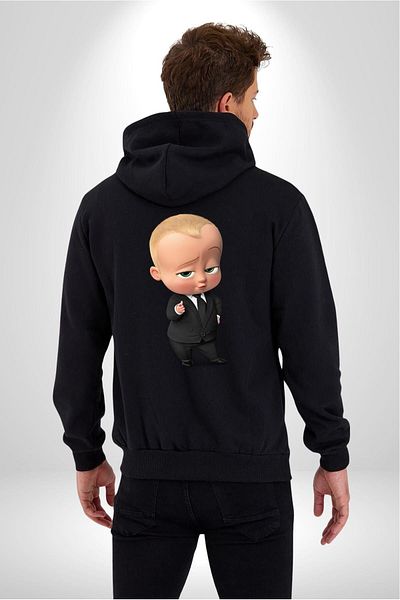 Angemiel Black Boss Baby Boy Hooded Oversize Cotton Kangaroo Pocket and Zipper