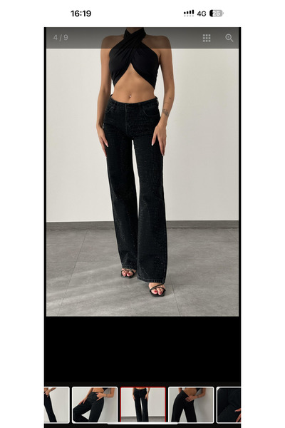 AFA Mid Waist Shiny Stone Detailed Straight Jeans - Women's Denim Trousers