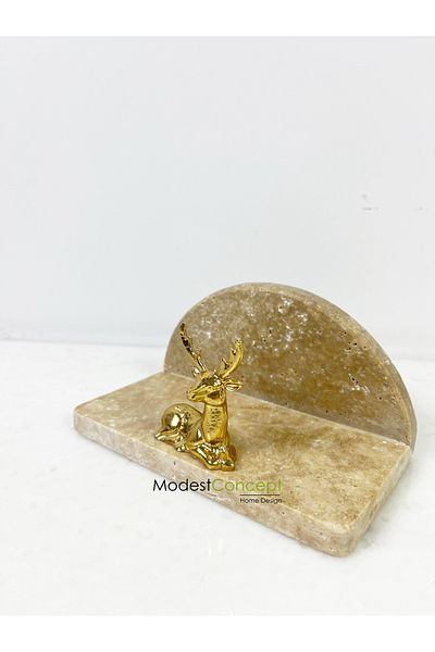 Modestmar Travertine Marble Napkin Holder Gold Sitting Deer Object Semicircle Napkin Holder