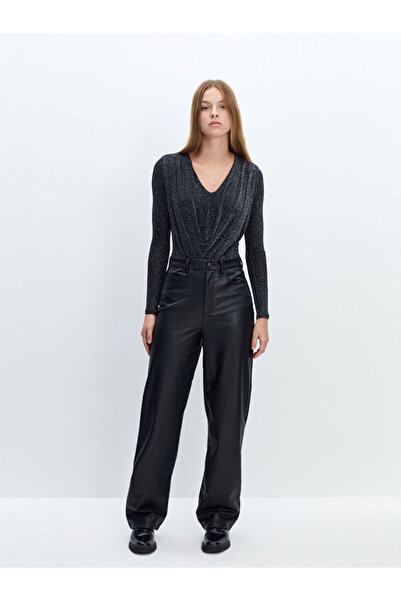 LC Waikiki Black Dar Fit Leather-Look Women's Trousers