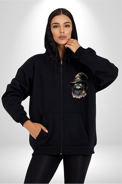 Angemiel Black Cat Printed - Witch Hat Men's Cardigan Sweatshirt