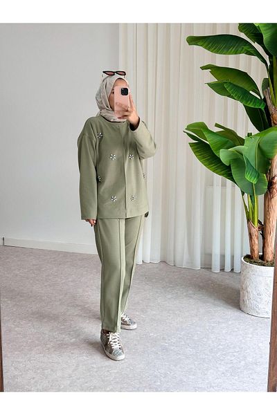 ASEL FASHİON Green Modal Set - Stone Embroidered